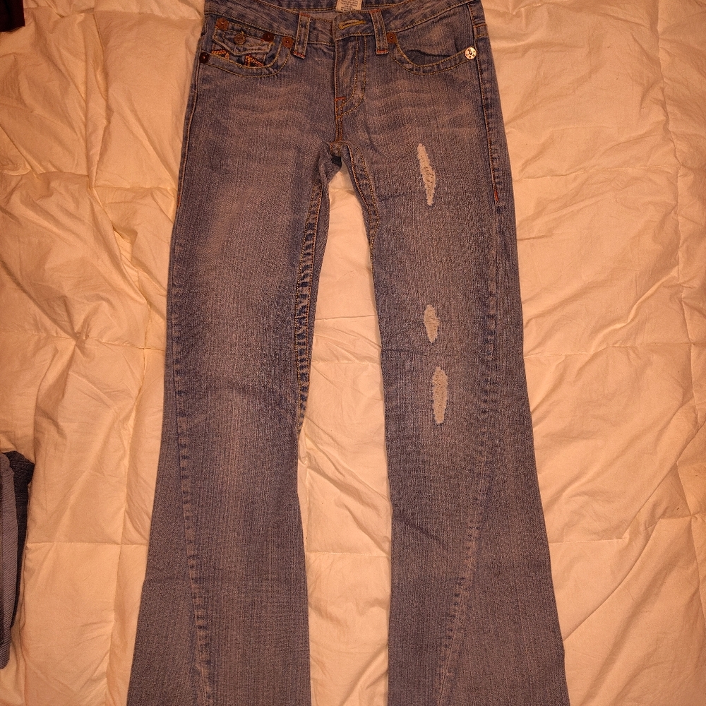 Blue Flare Wide Leg Jeans with Distressed Details